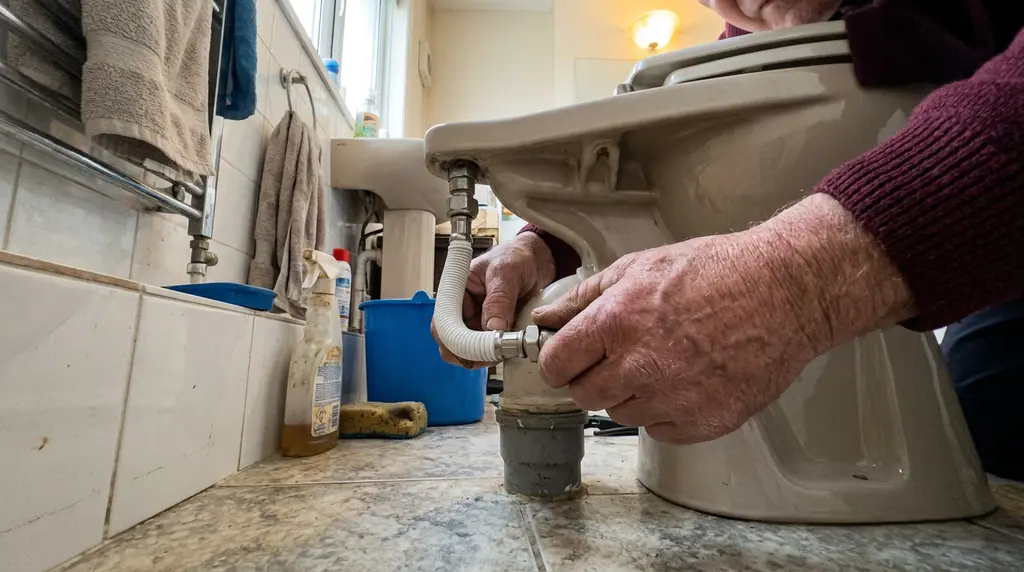 Gros plan sur des mains raccordant la pipe d’évacuation d’une cuvette WC au tuyau d’évacuation au sol, lors d’un remplacement à Viroflay