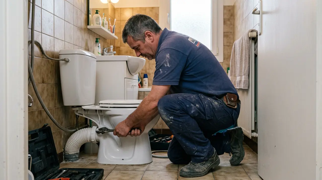 Plombier serrant à la clé la pipe d’évacuation souple d’une cuvette WC dans une salle de bain à Viroflay