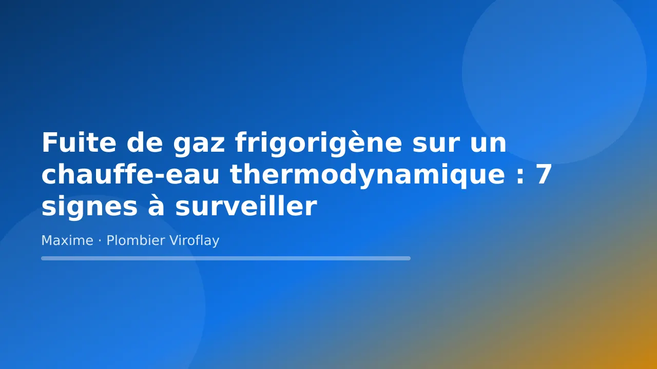 Visuel titre de l’article « Fuite de gaz frigorigène sur un chauffe-eau thermodynamique : 7 signes à surveiller » – Maxime Bertrand, plombier à Viroflay