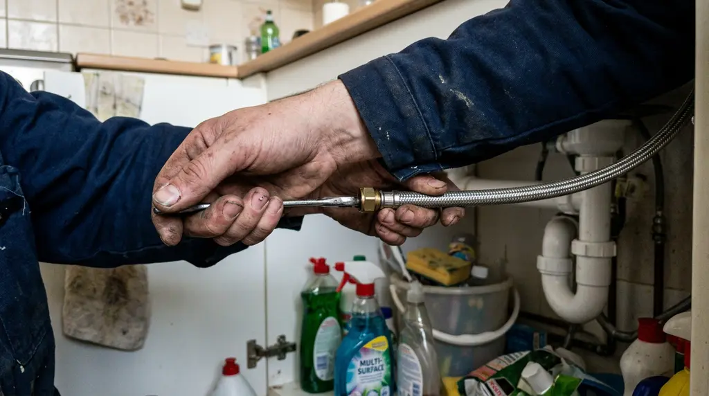 Gros plan sur le raccordement d’un flexible inox tressé lors de l’installation d’un adoucisseur d’eau à Viroflay