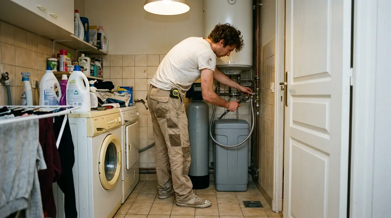 Plombier raccordant un adoucisseur d’eau individuel près du lave-linge dans une buanderie à Viroflay
