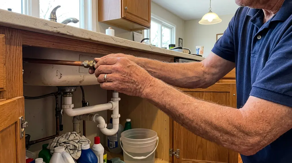 Serrage d’un raccord d’alimentation sous un évier encastré sous plan en quartz dans une cuisine à Viroflay