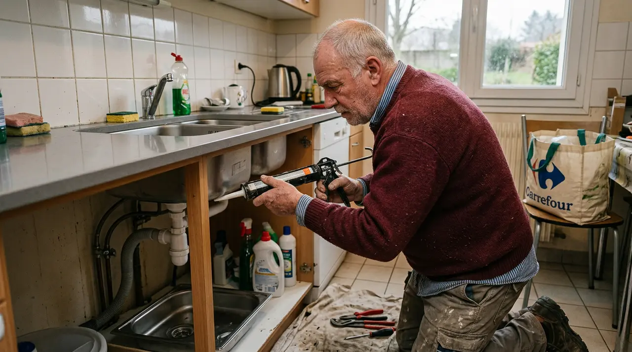 Artisan appliquant un joint silicone au pistolet sous un évier encastré dans un plan de travail de cuisine à Viroflay