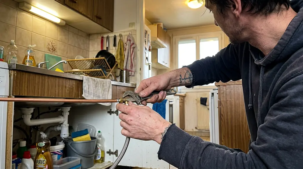 Serrage à la clé d’un raccord sur le tuyau cuivre d’eau potable sous l’évier, pour alimenter un réfrigérateur américain à Viroflay