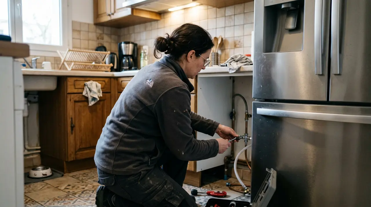 Technicienne raccordant l’arrivée d’eau d’un réfrigérateur américain inox au réseau d’eau potable dans une cuisine à Viroflay