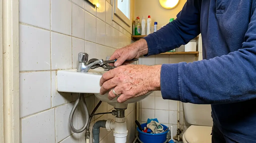 Gros plan sur la fixation du robinet eau froide d’un lave-mains de WC étroit, avec flexible et siphon, lors d’une pose à Viroflay