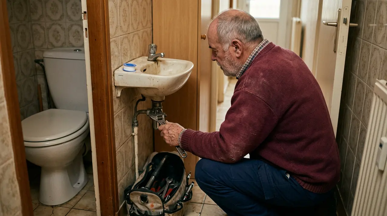 Plombier serrant le raccord d’eau froide sous un lave-mains étroit dans des toilettes à Viroflay